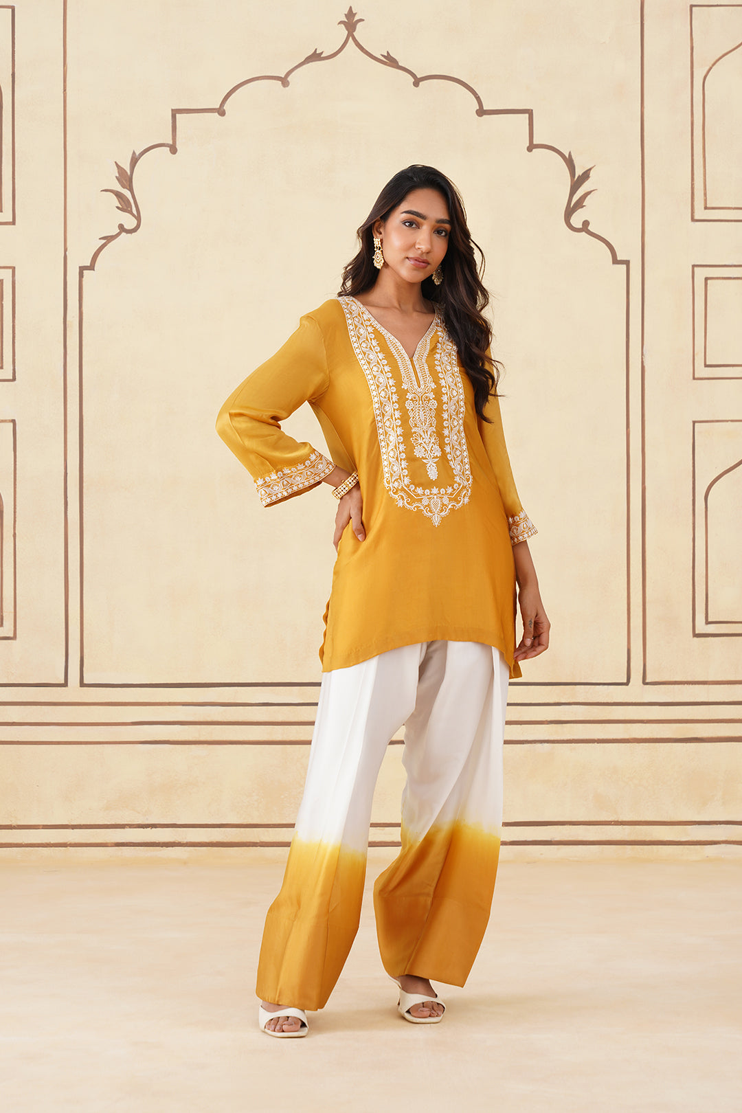 Sanditti Golden Yellow Embroidered Ombre Farshi Salwar Set