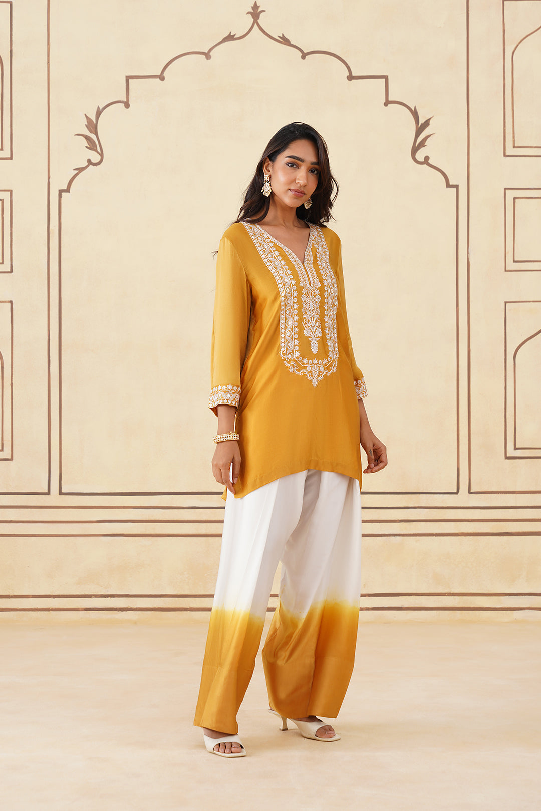 Sanditti Golden Yellow Embroidered Ombre Farshi Salwar Set