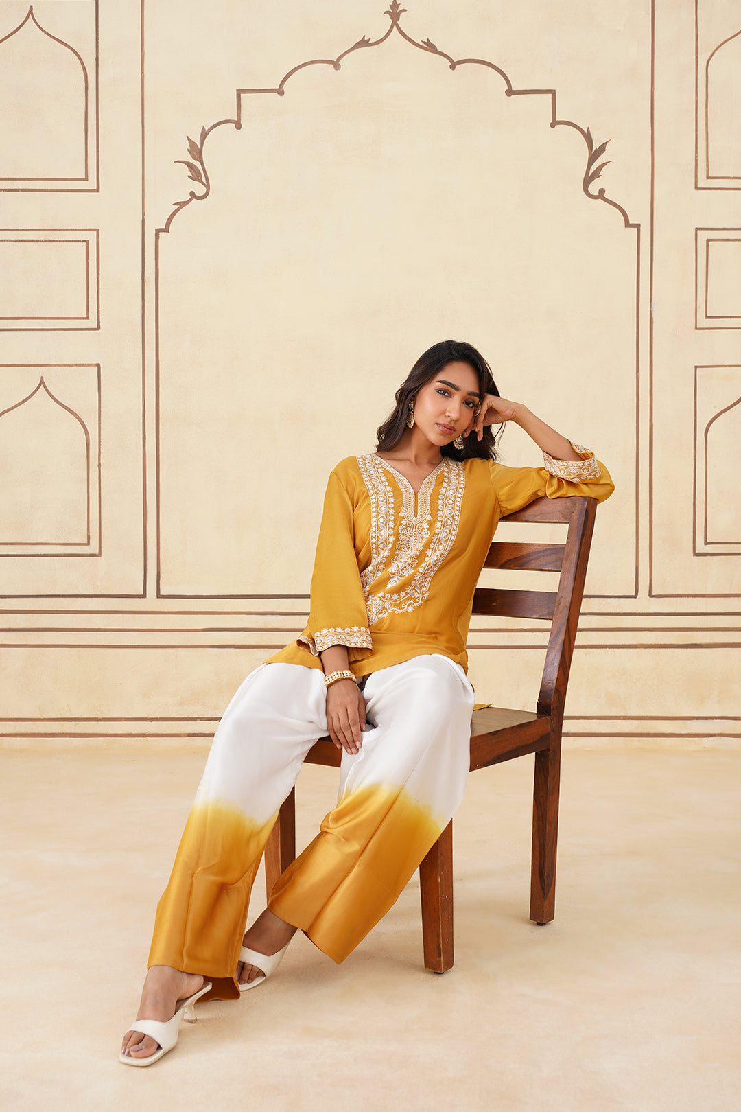 Sanditti Golden Yellow Embroidered Ombre Farshi Salwar Set
