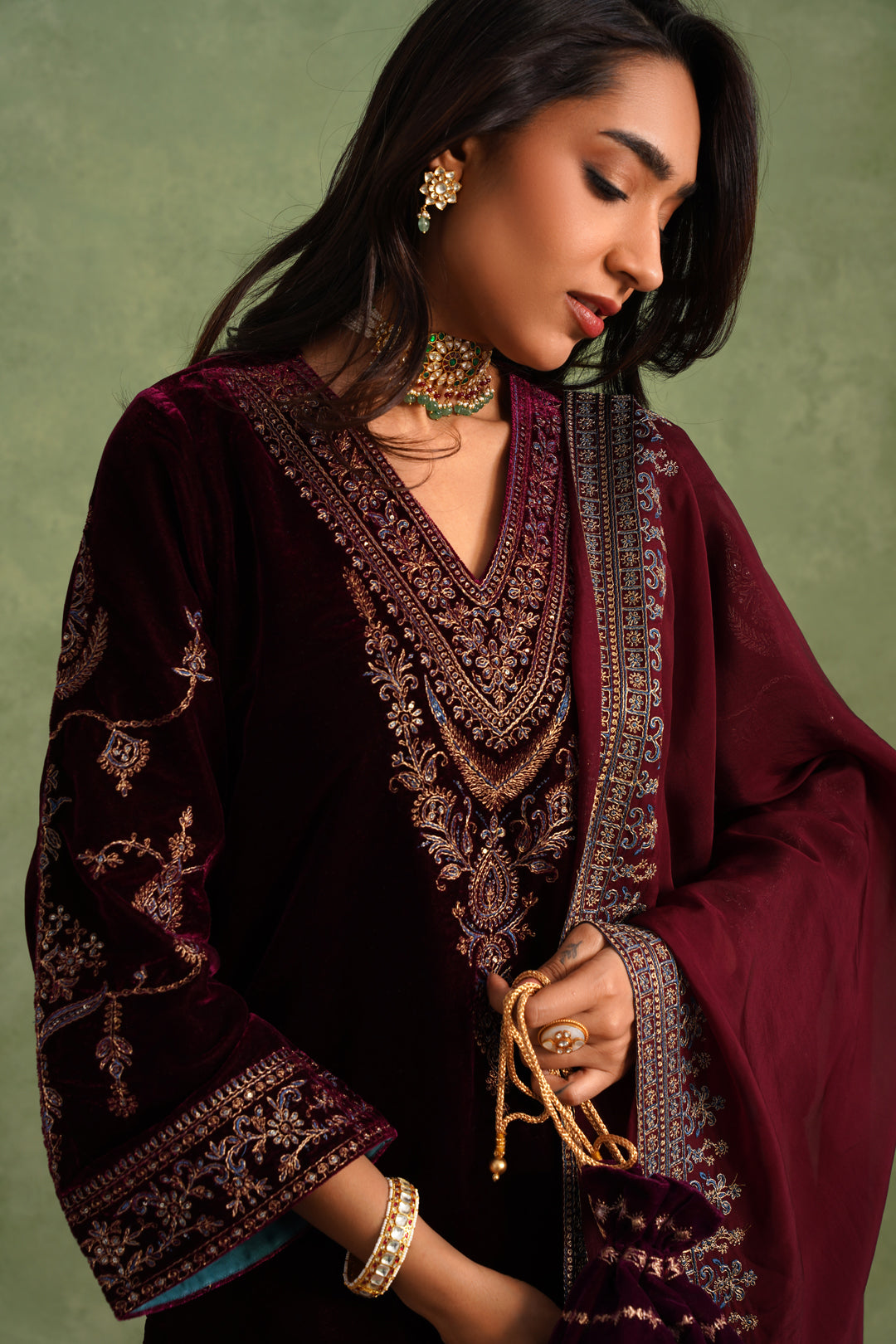 Sanditti Aafreen Wine Velvet Suit