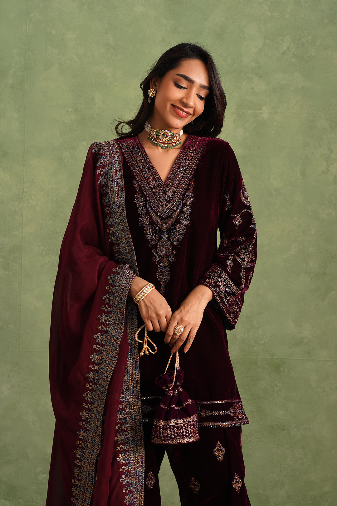 Sanditti Aafreen Wine Velvet Suit