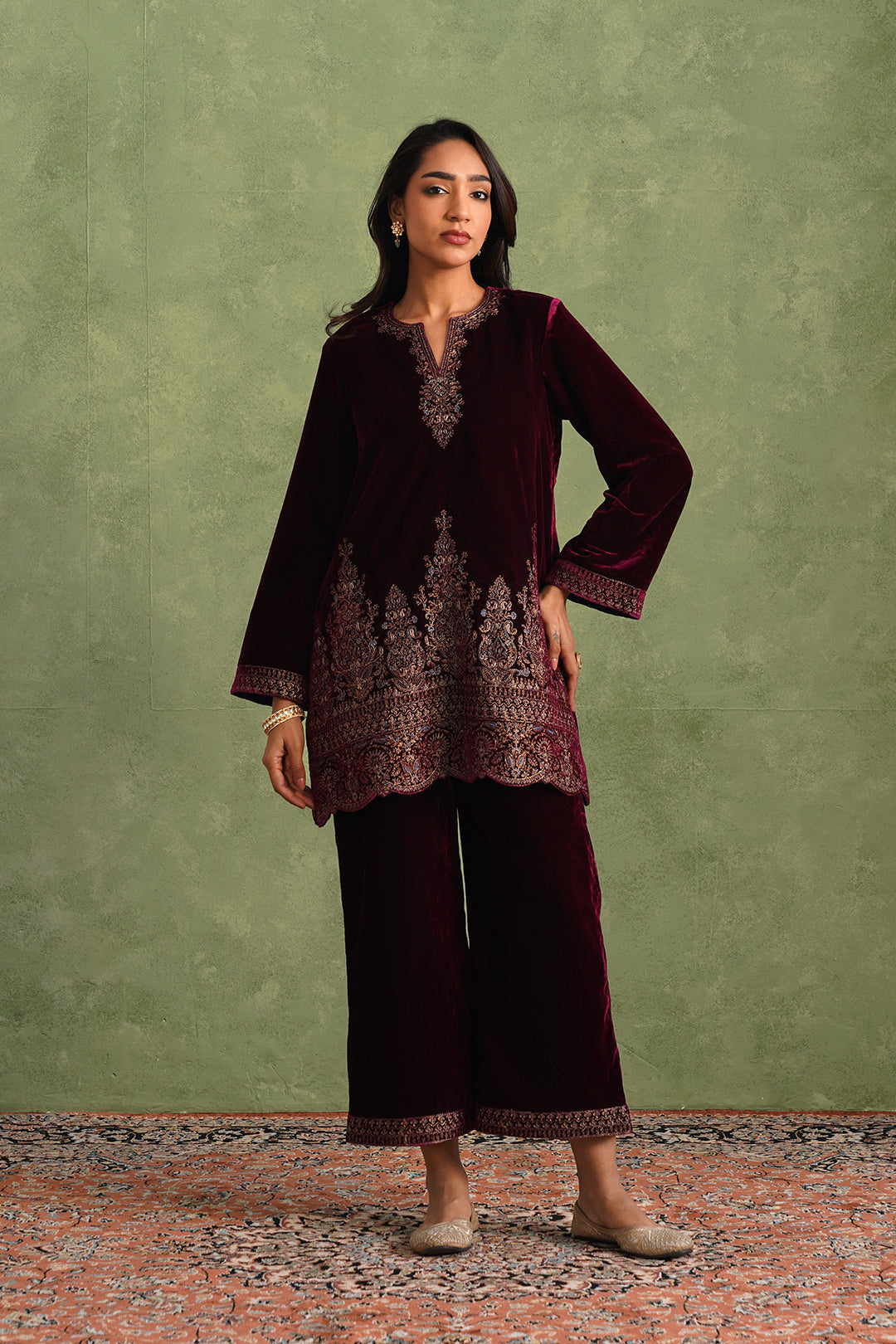 Sanditti Wine Velvet Embroidered Kurta Set