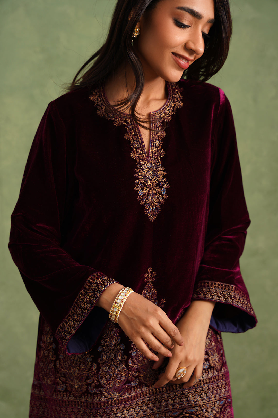 Sanditti Wine Velvet Embroidered Kurta Set