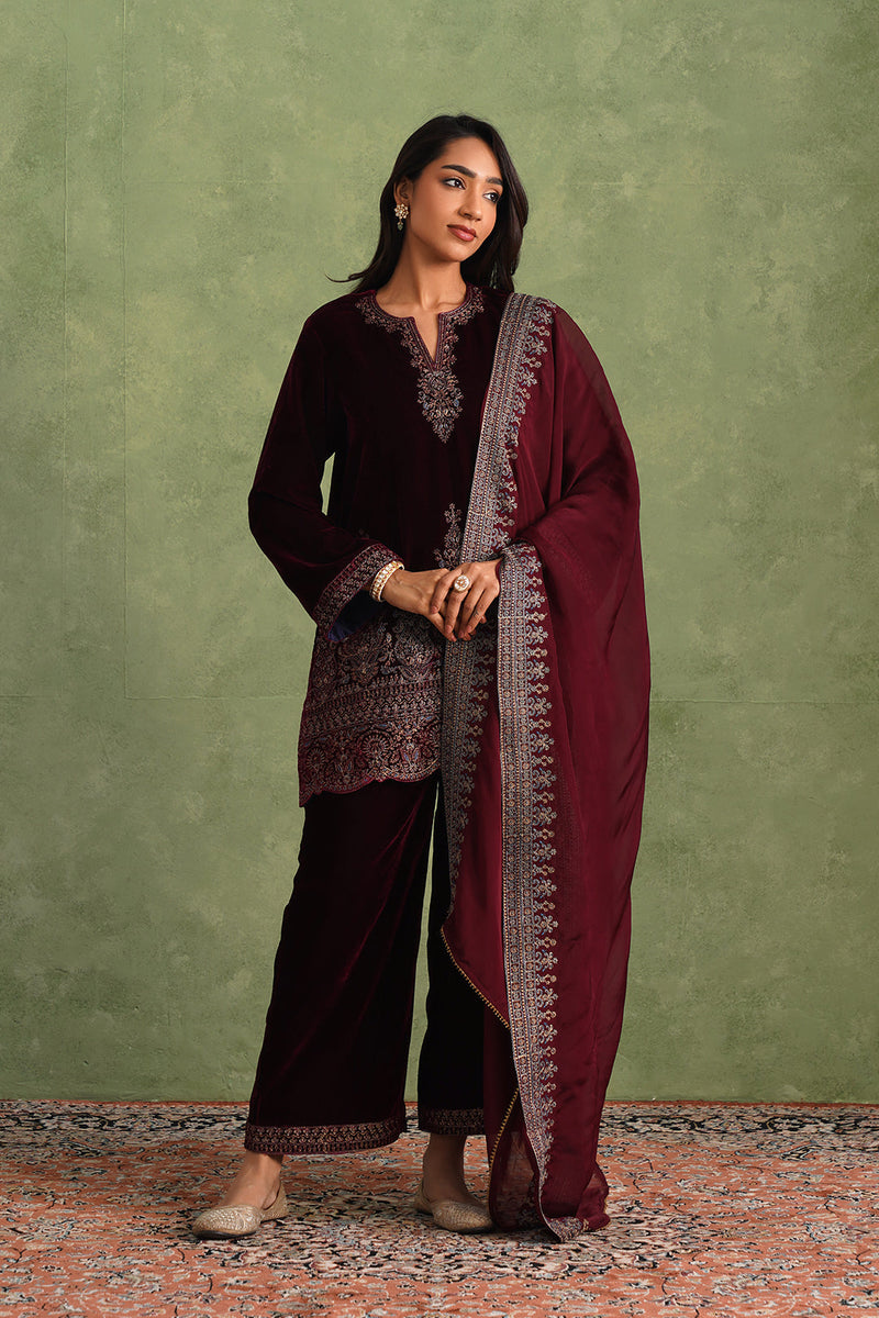 Sanditti Wine Velvet Embroidered Kurta Set