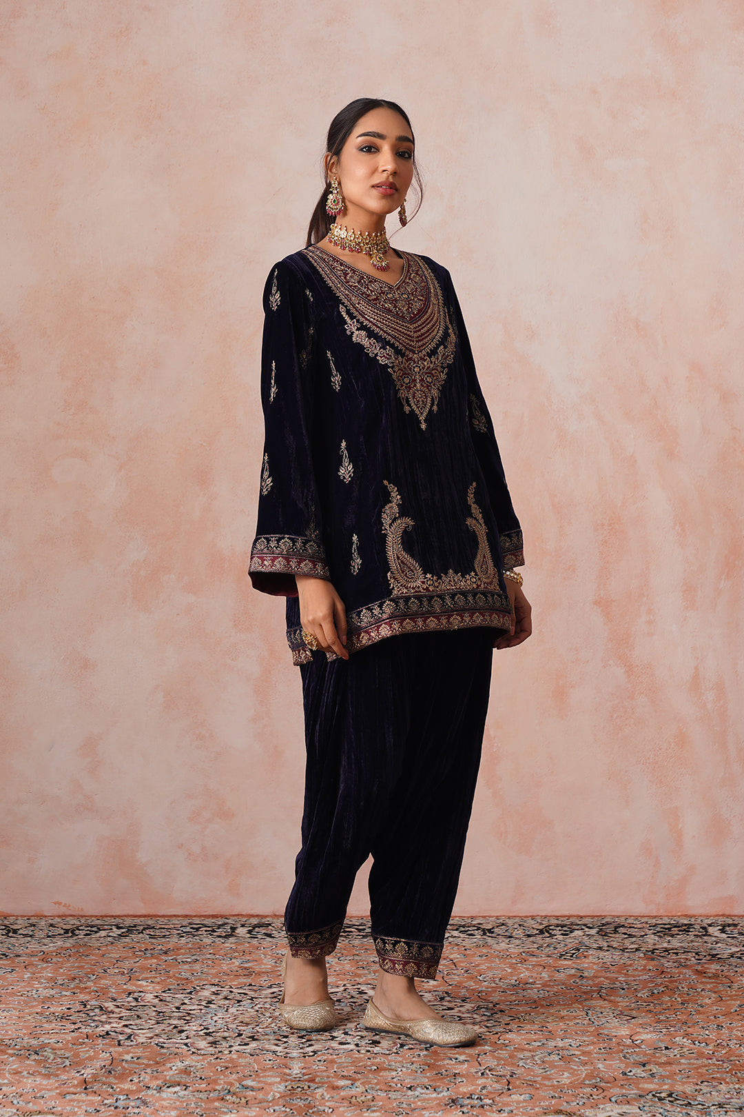 Sanditti Aafreen Navy Crush Patchwork Velvet Embroidered Set