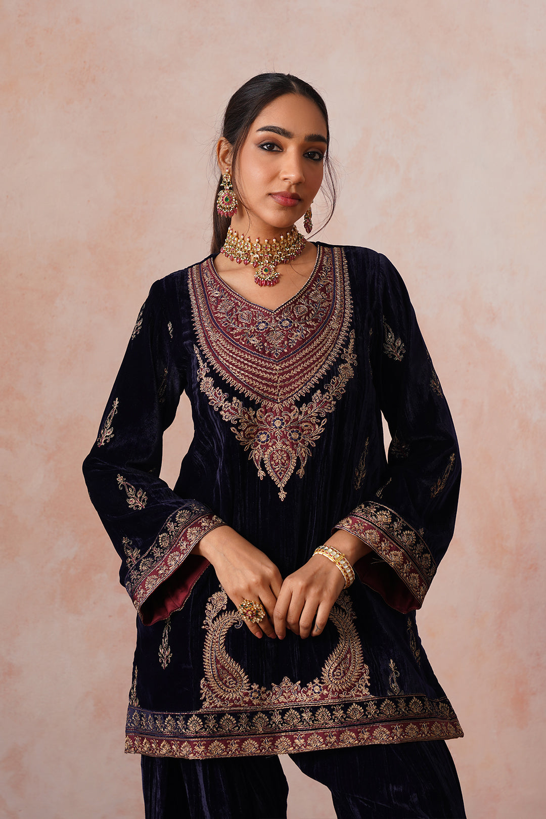 Sanditti Aafreen Navy Crush Patchwork Velvet Embroidered Set