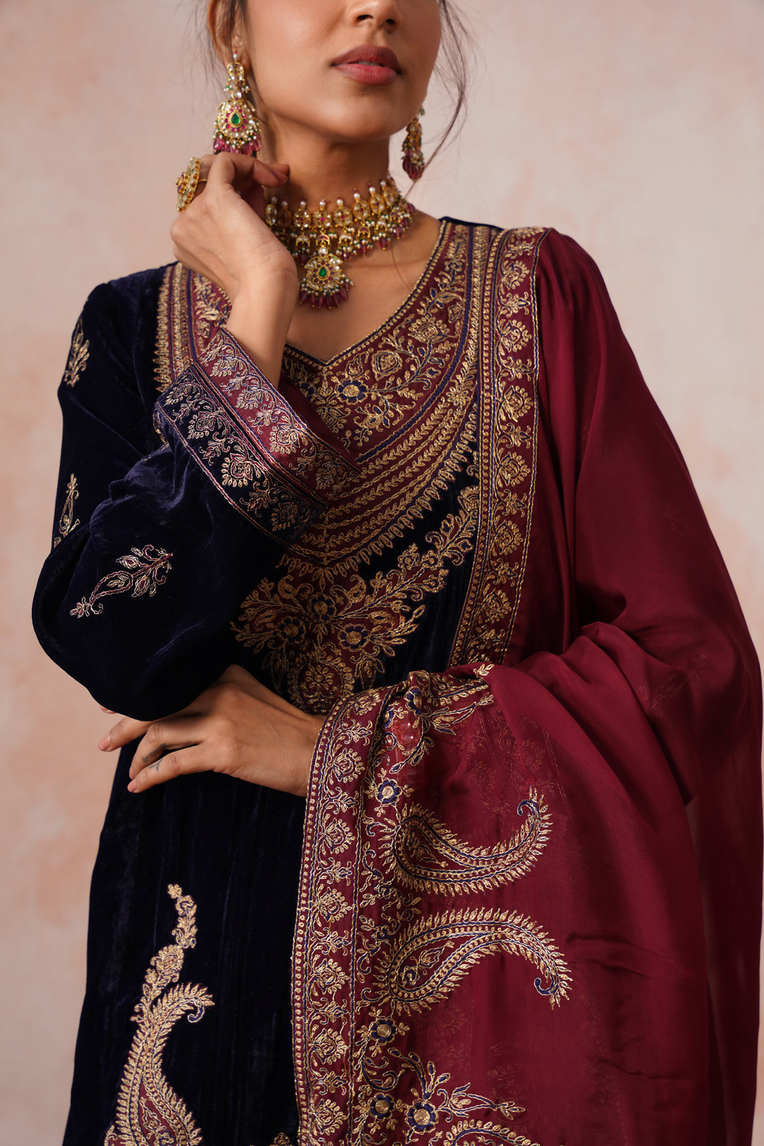 Sanditti Aafreen Navy Crush Patchwork Velvet Embroidered Set