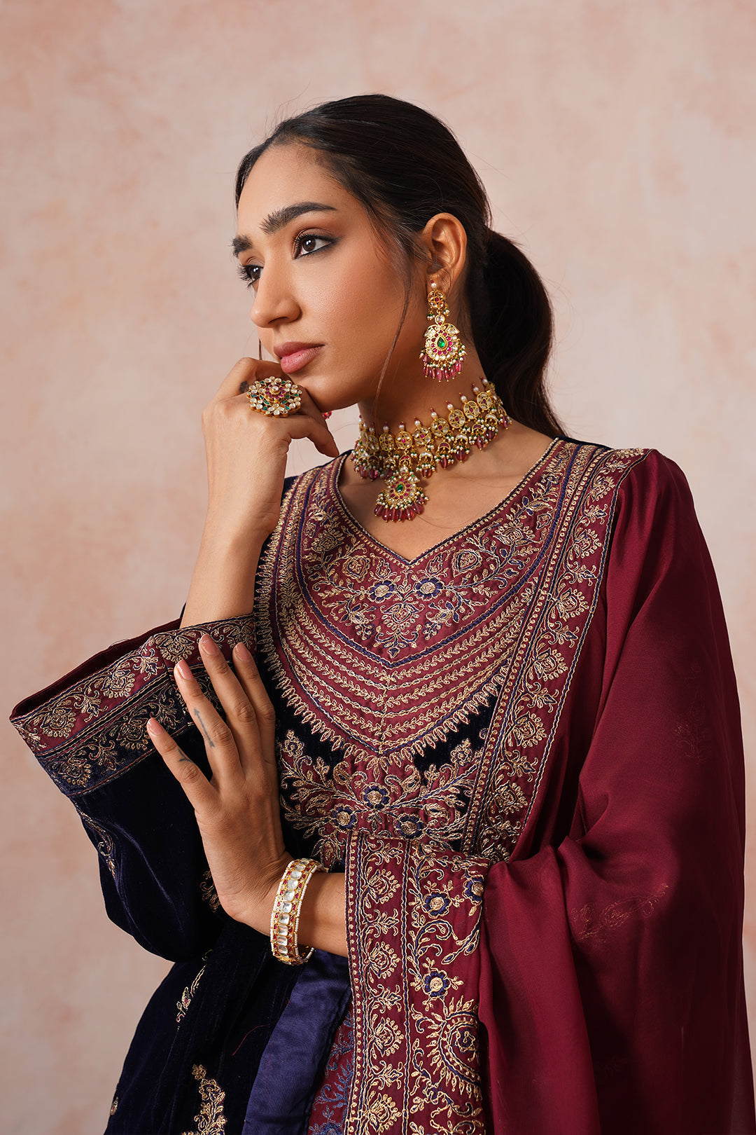 Sanditti Aafreen Navy Crush Patchwork Velvet Embroidered Set
