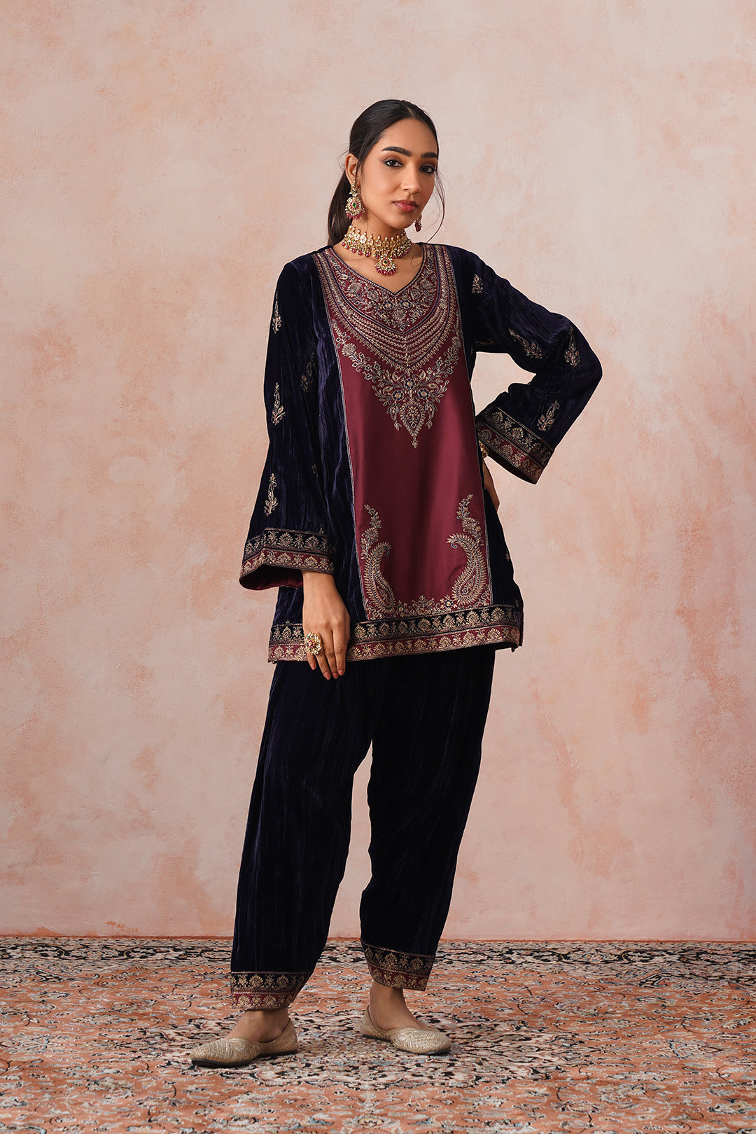 Sanditti Navy Maroon Panel Velvet Embroidered Set