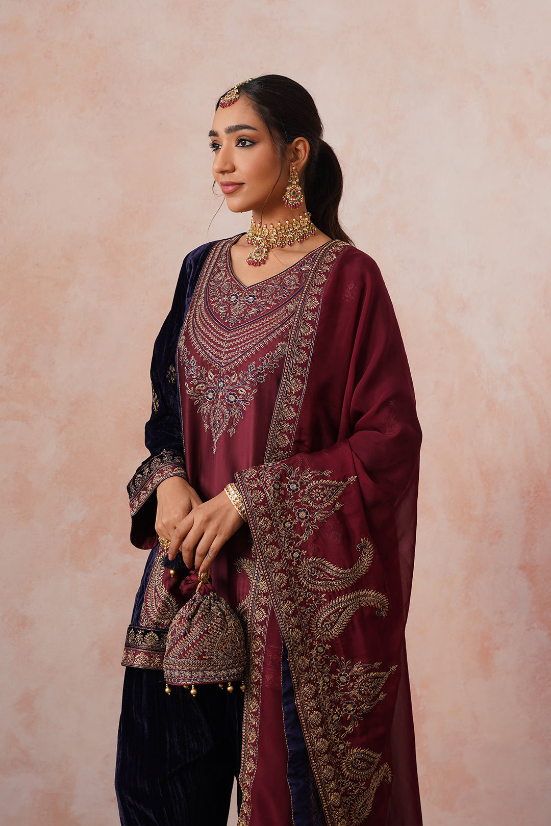 Sanditti Navy Maroon Panel Velvet Embroidered Set