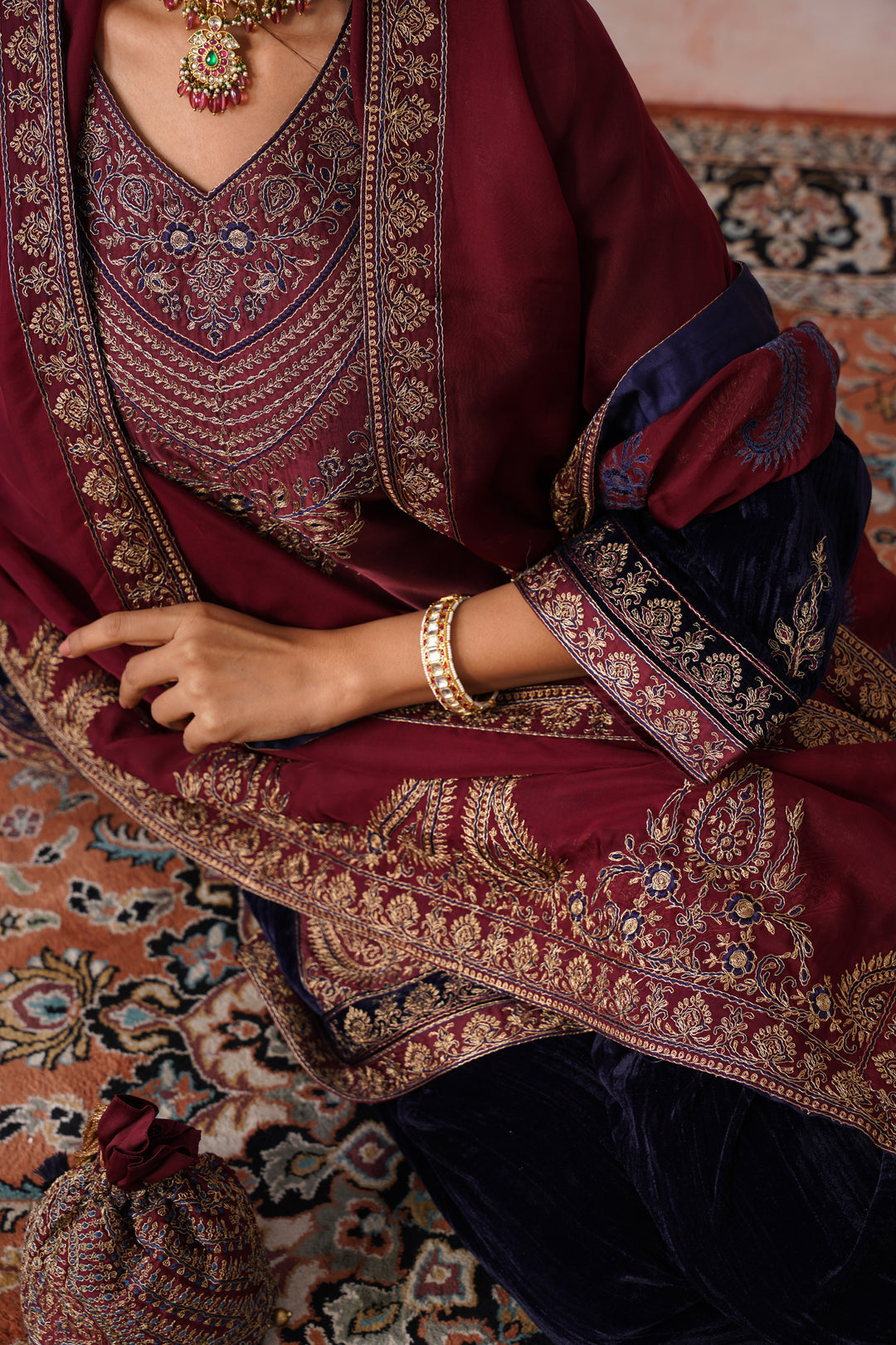 Sanditti Navy Maroon Panel Velvet Embroidered Set
