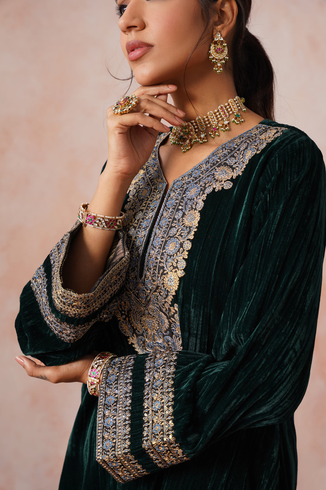 Sanditti Bottle Green Crush Velvet Embroidered Sharara Set