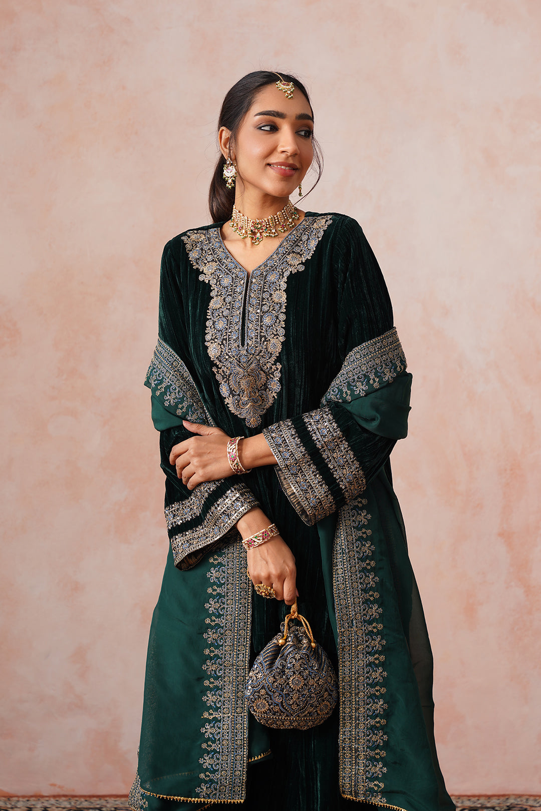 Sanditti Bottle Green Crush Velvet Embroidered Sharara Set