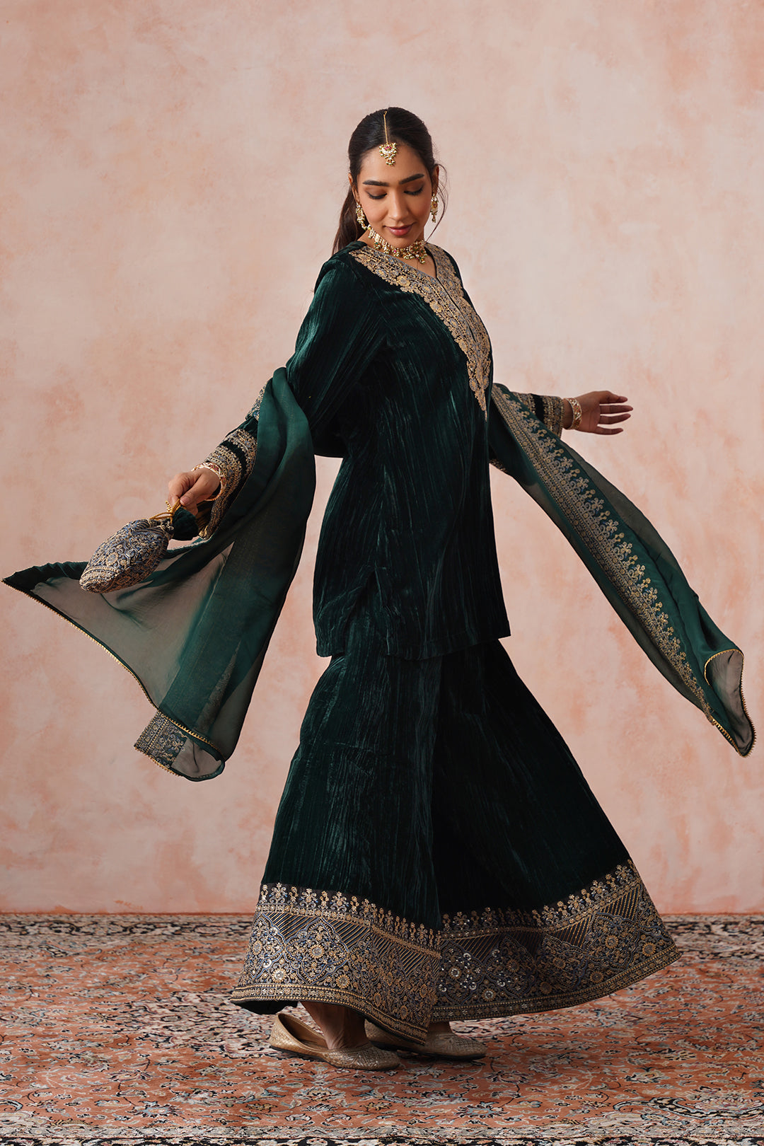 Sanditti Bottle Green Crush Velvet Embroidered Sharara Set