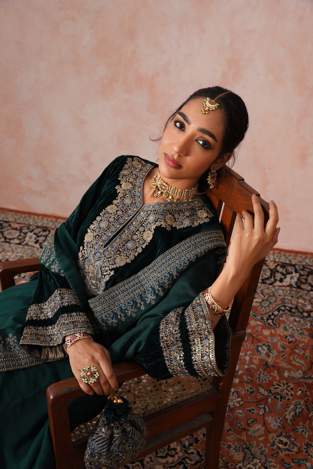 Sanditti Bottle Green Crush Velvet Embroidered Sharara Set