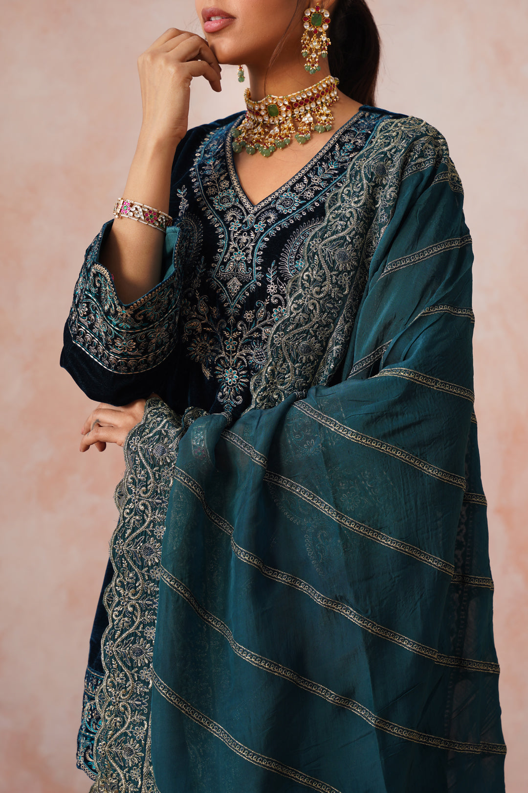 Sanditti Aafreen Teal Blue Velvet Embroidered Set