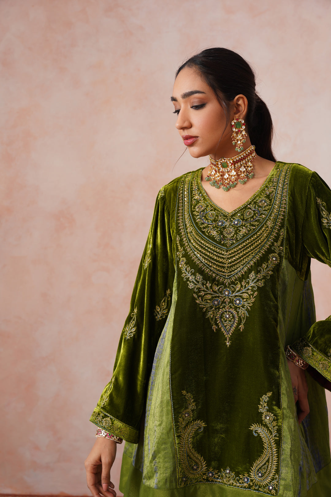 Sanditti Aafreen Golden Olive Velvet Embroidered Salwar Set