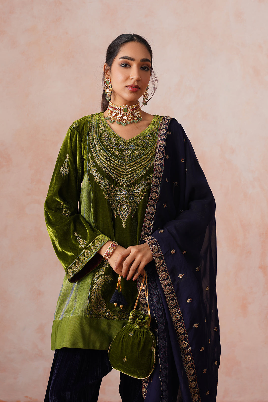 Sanditti Aafreen Golden Olive Velvet Embroidered Salwar Set