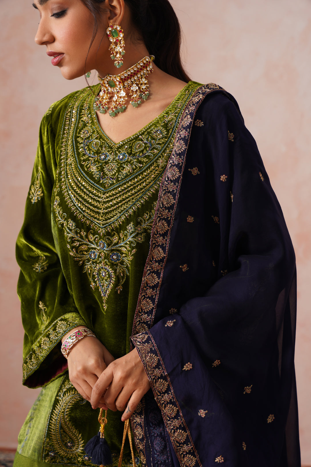 Sanditti Aafreen Golden Olive Velvet Embroidered Salwar Set