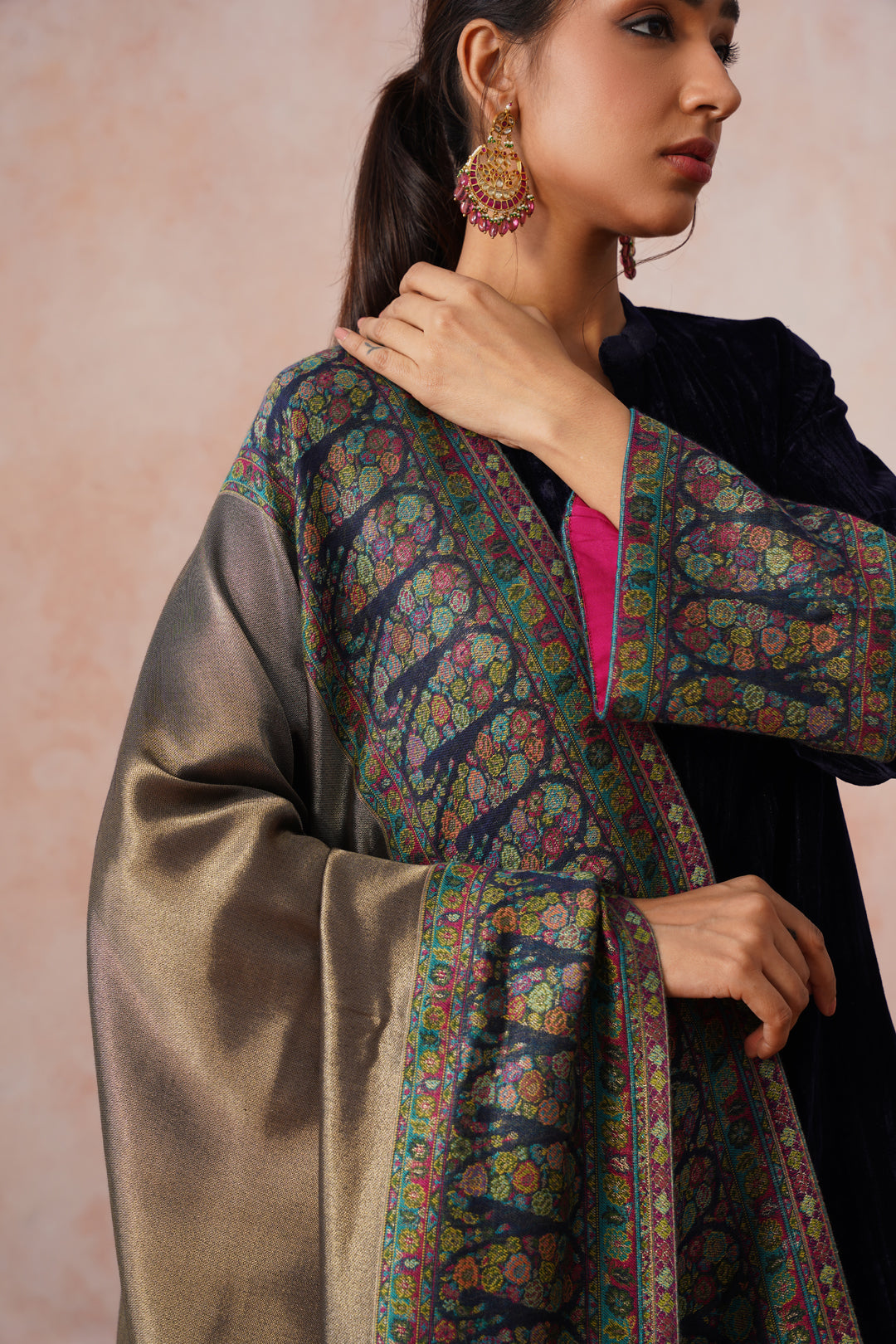 Sanditti Navy Crush Velvet Suit with Kaani Zari Dupatta