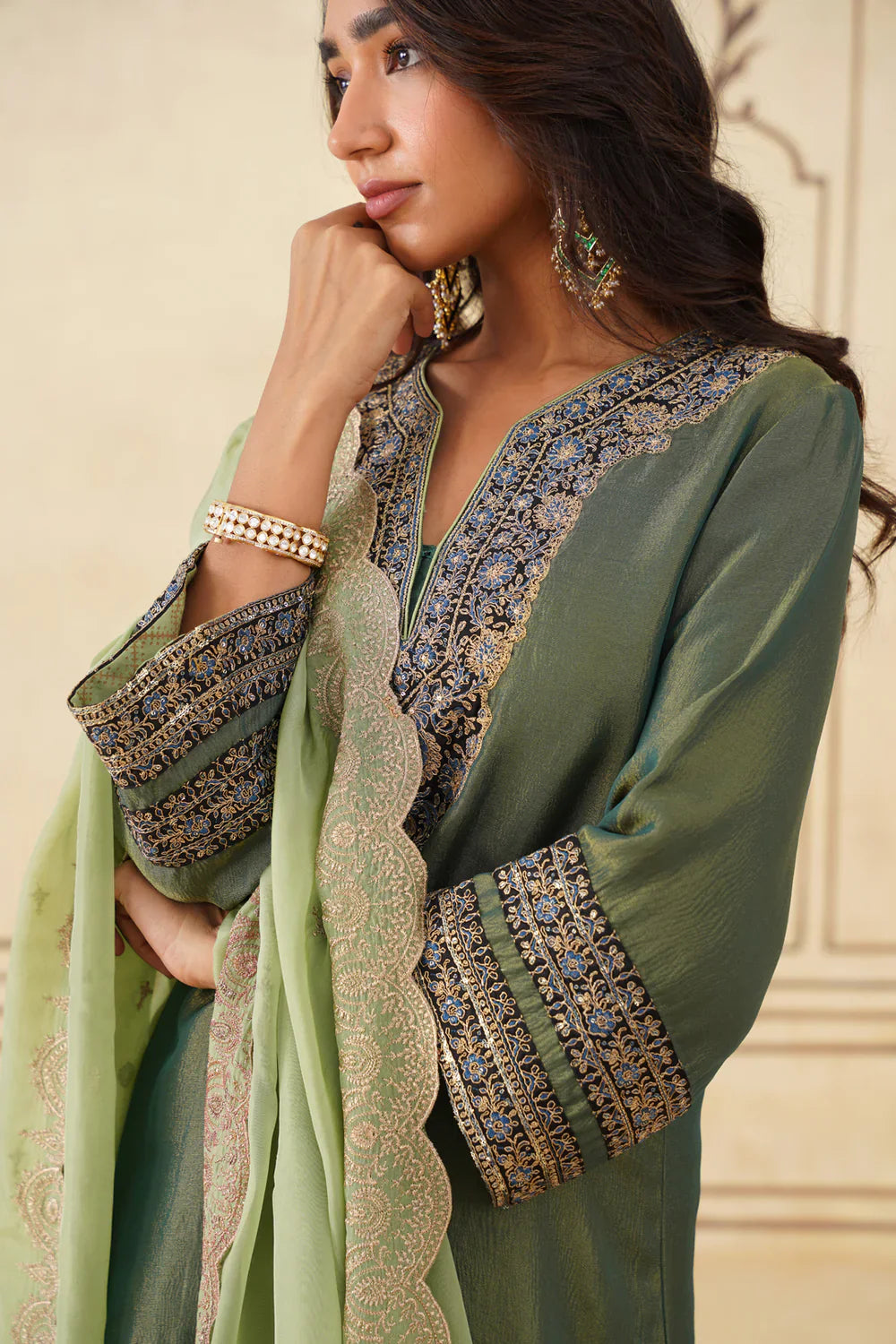 Sanditti Green Crush Tissue Embroidered Farshi Set