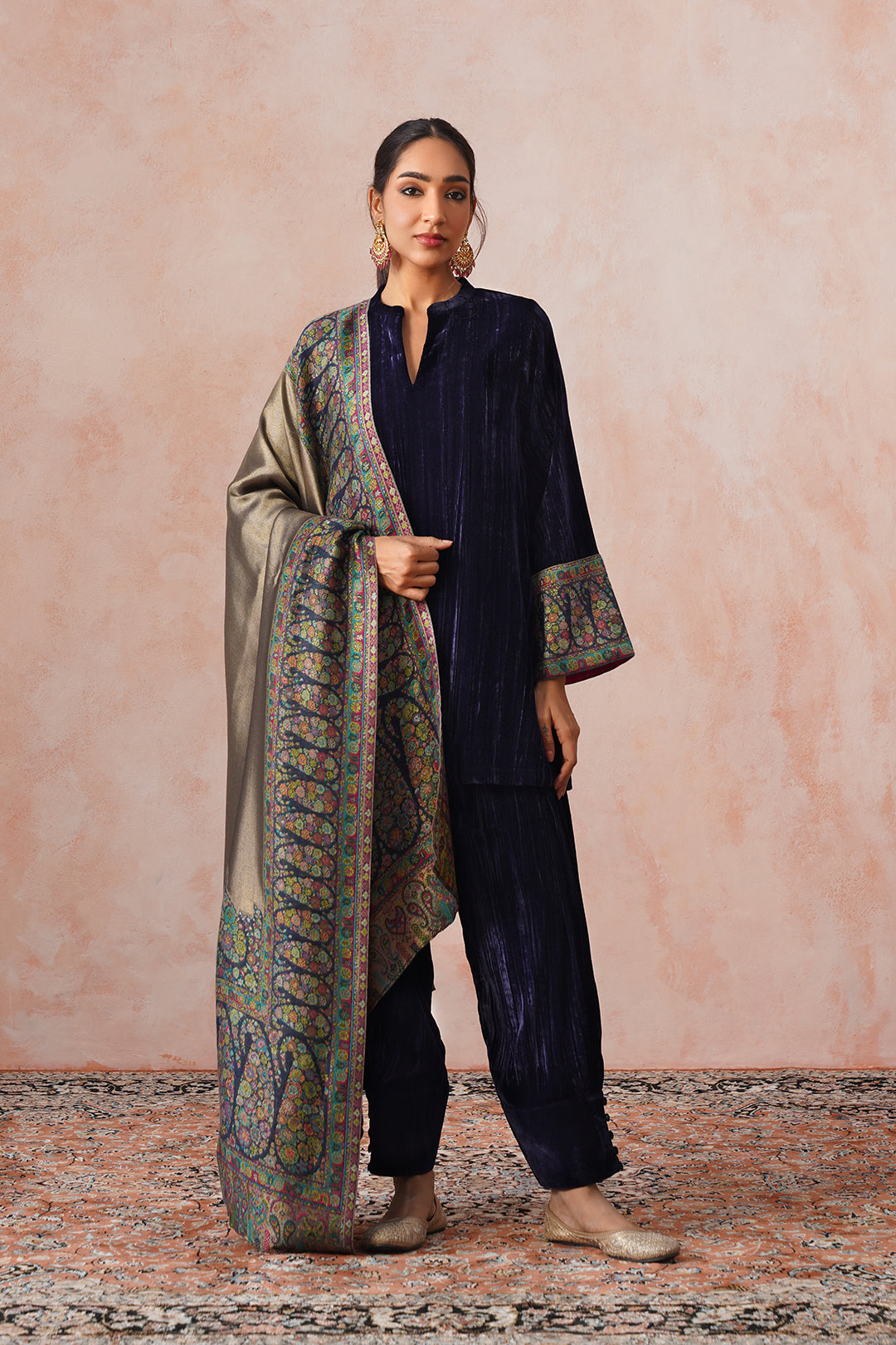 Sanditti Navy Crush Velvet Suit with Kaani Zari Dupatta