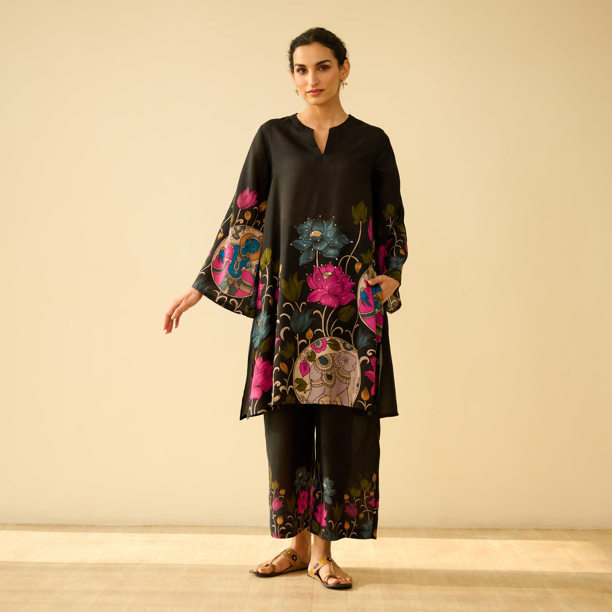 Sanditti Lily Modal Hand Embroidered Coord Set - Black