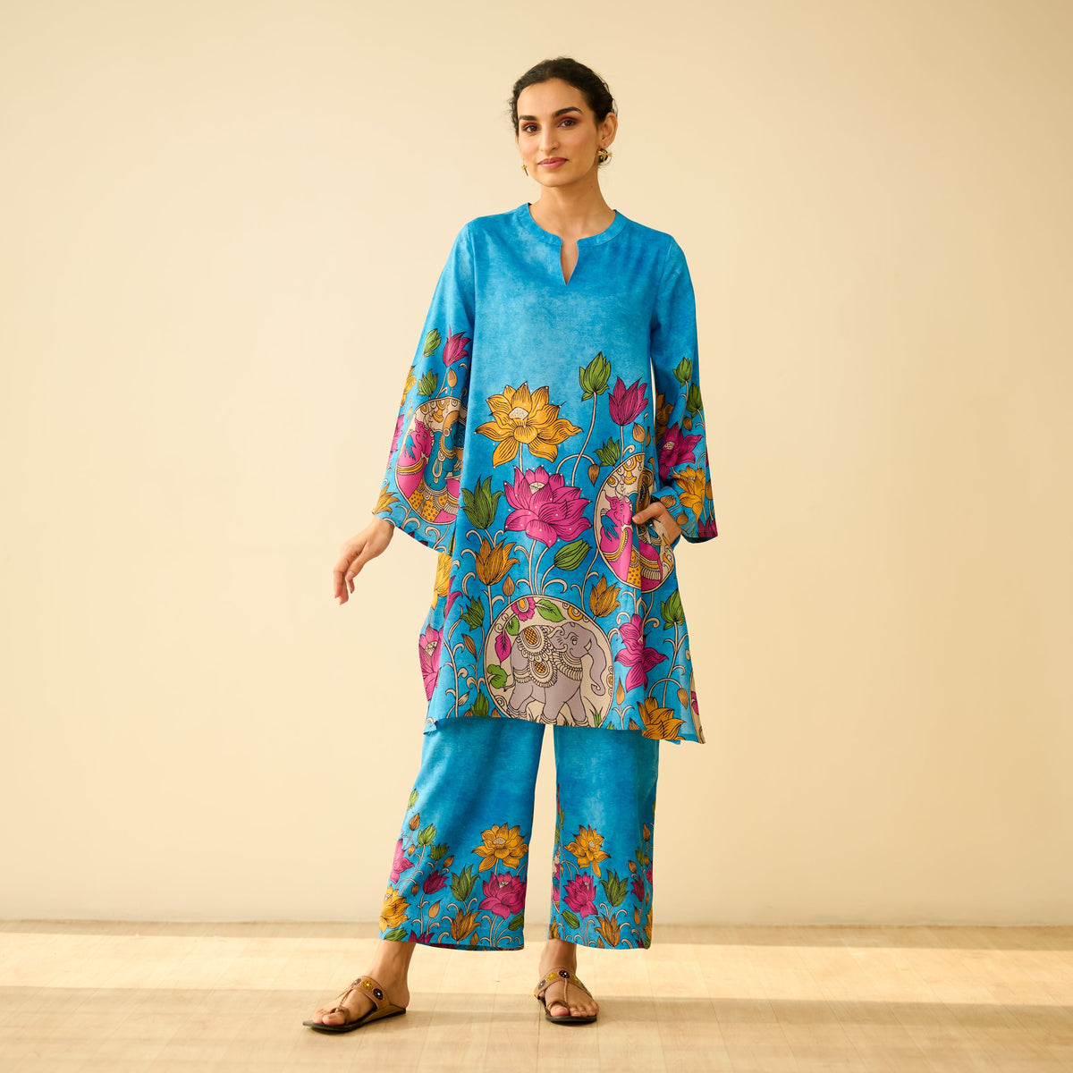 Sanditti Lily Modal Hand Embroidered Coord Set - Electric Blue