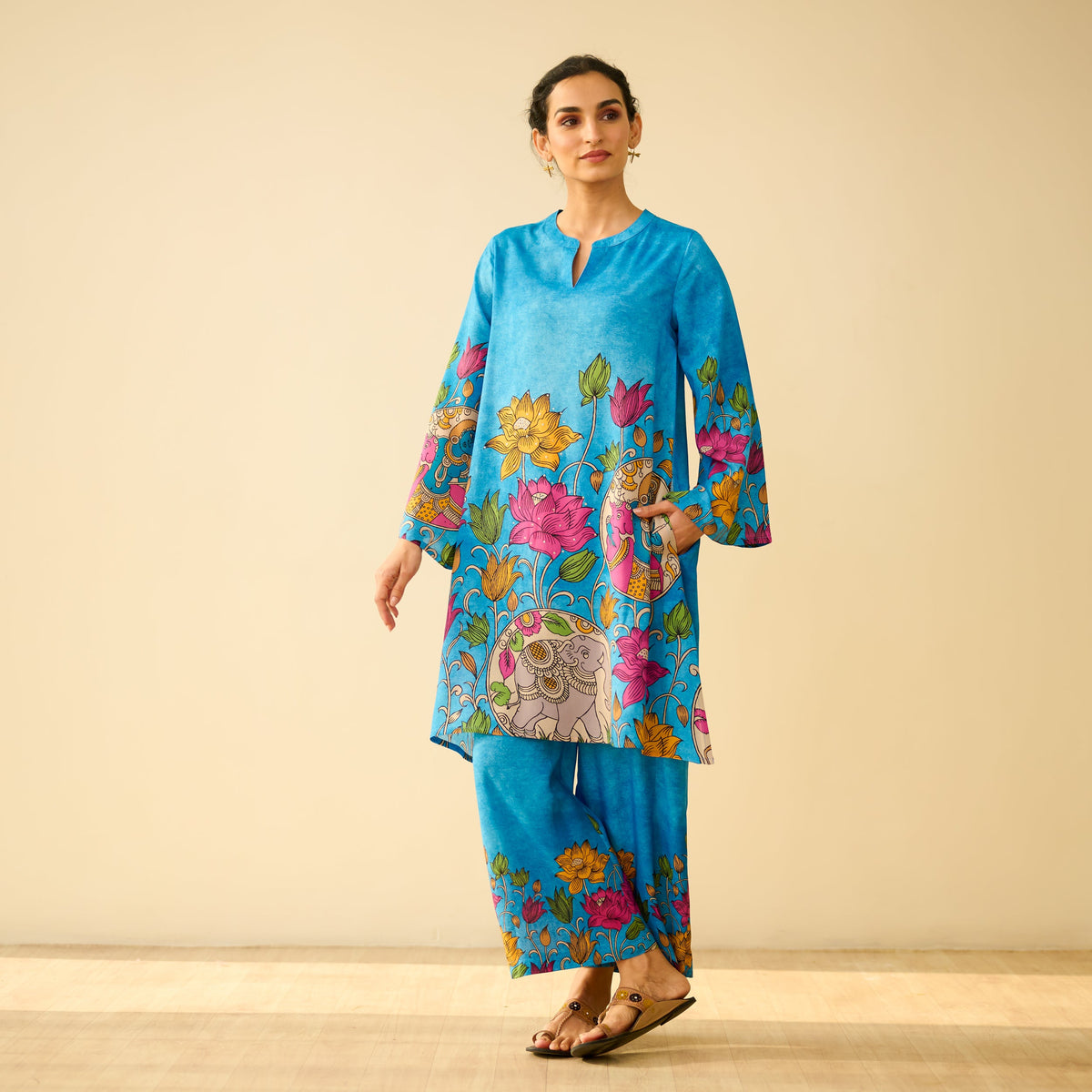 Sanditti Lily Modal Hand Embroidered Coord Set - Electric Blue