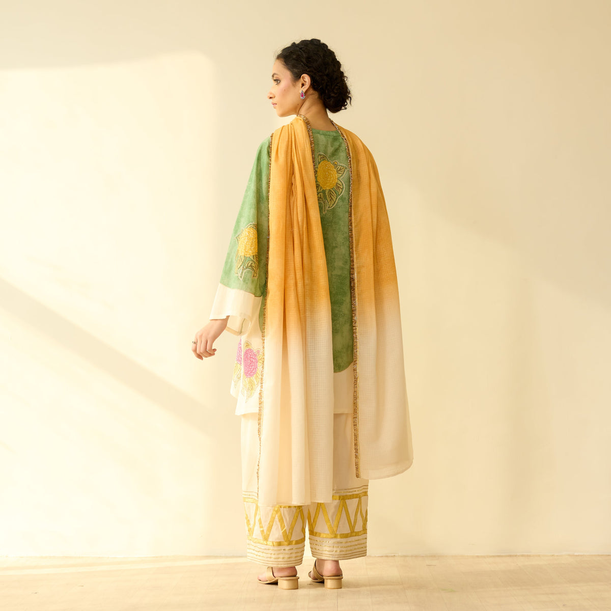 Sanditti Gulabo Semi Festive Mulmul Cotton Salwar Set with Dupatta - Sage Green