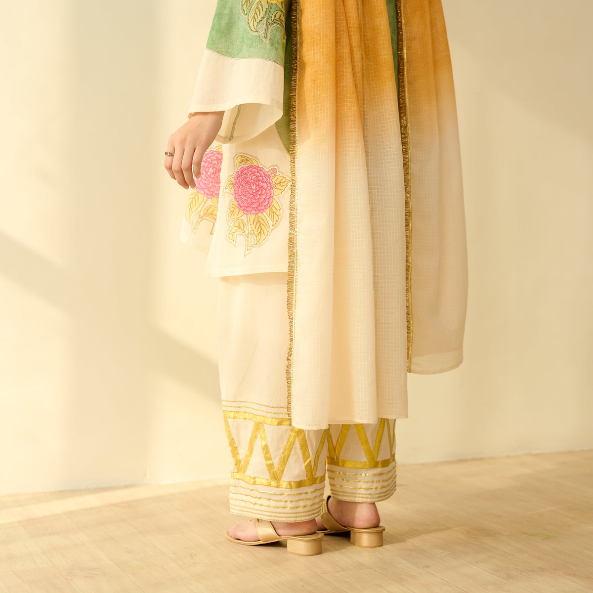 Sanditti Gulabo Semi Festive Mulmul Cotton Salwar Set with Dupatta - Sage Green