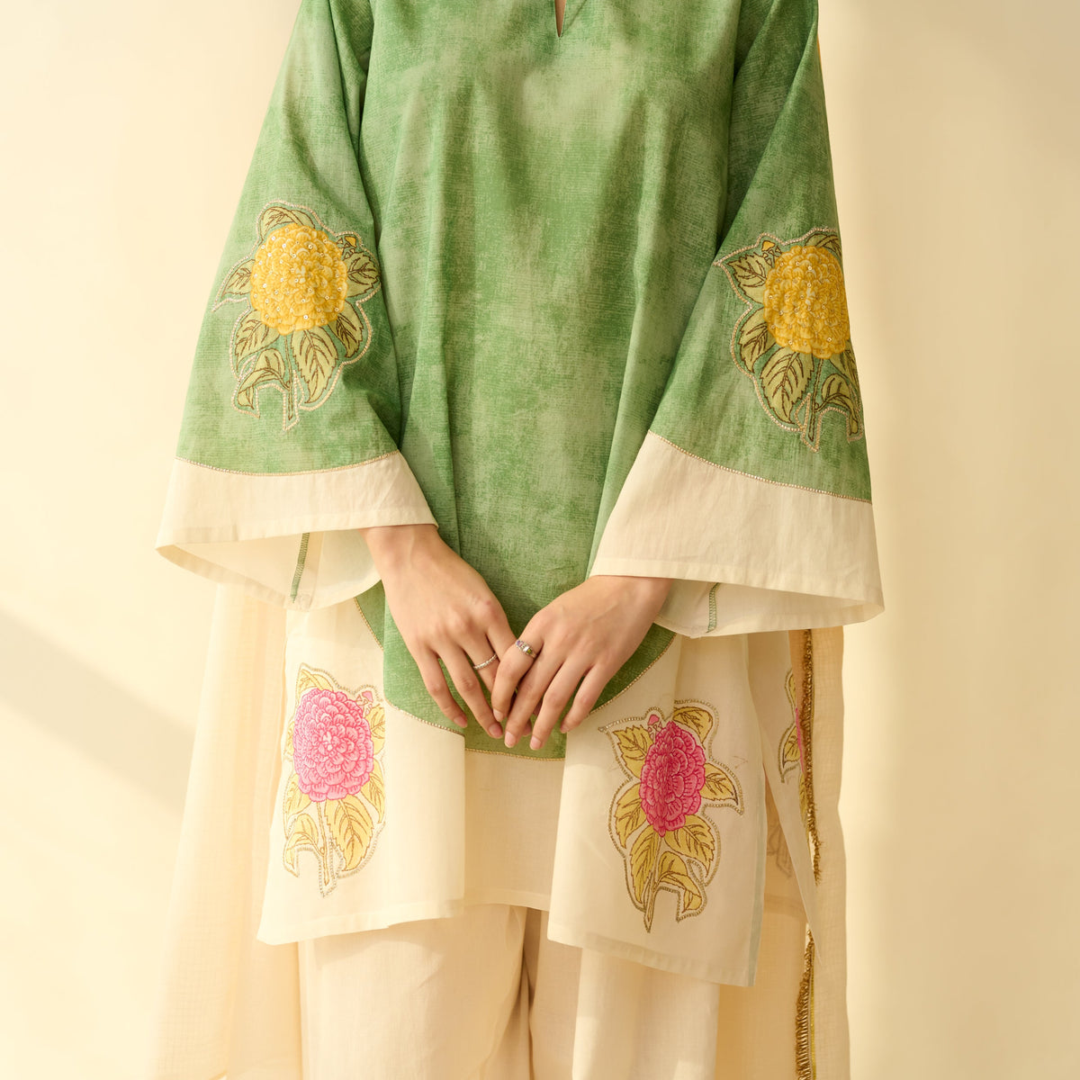 Sanditti Gulabo Semi Festive Mulmul Cotton Salwar Set with Dupatta - Sage Green