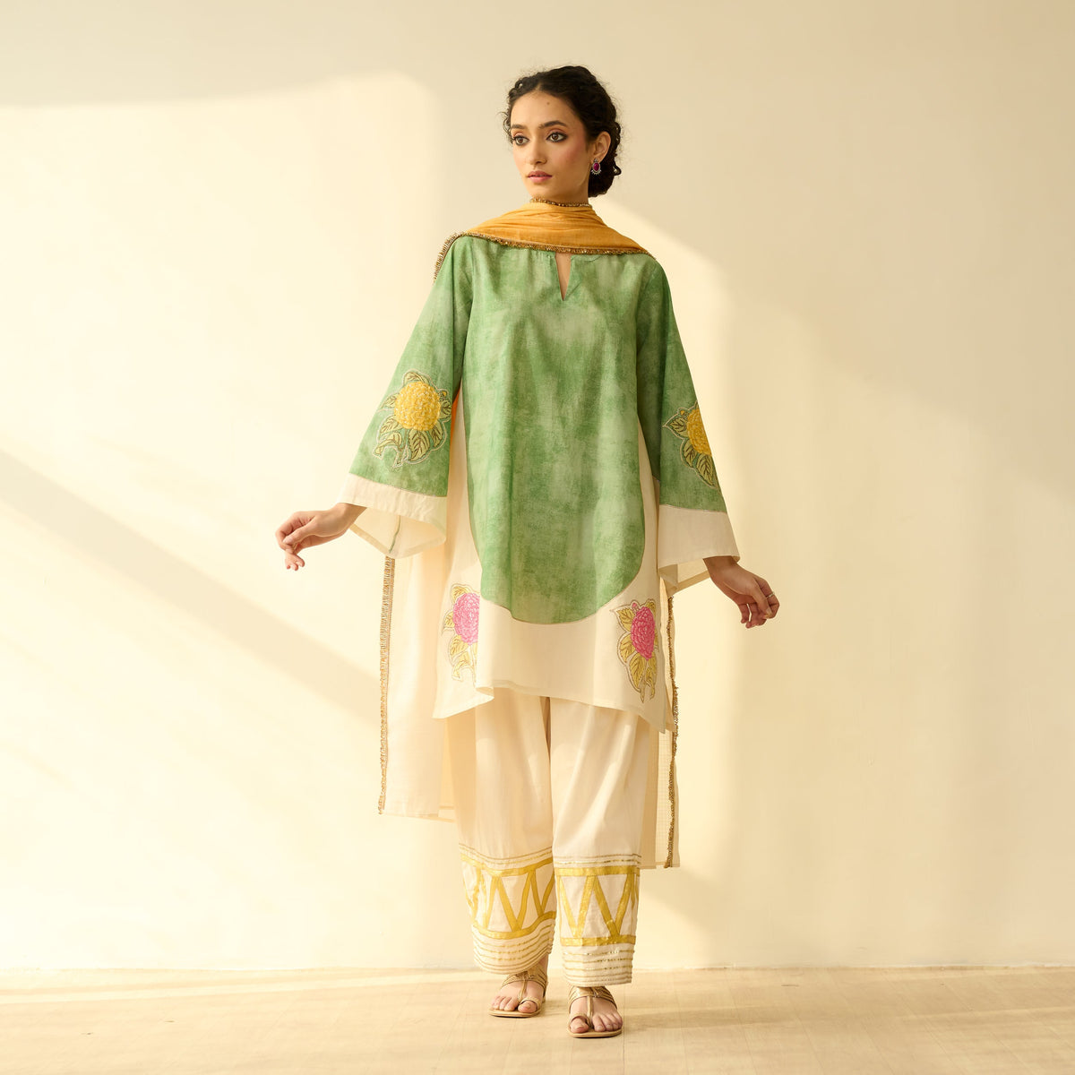 Sanditti Gulabo Semi Festive Mulmul Cotton Salwar Set with Dupatta - Sage Green