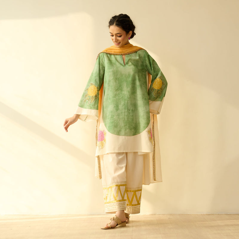 Sanditti Gulabo Semi Festive Mulmul Cotton Salwar Set with Dupatta - Sage Green