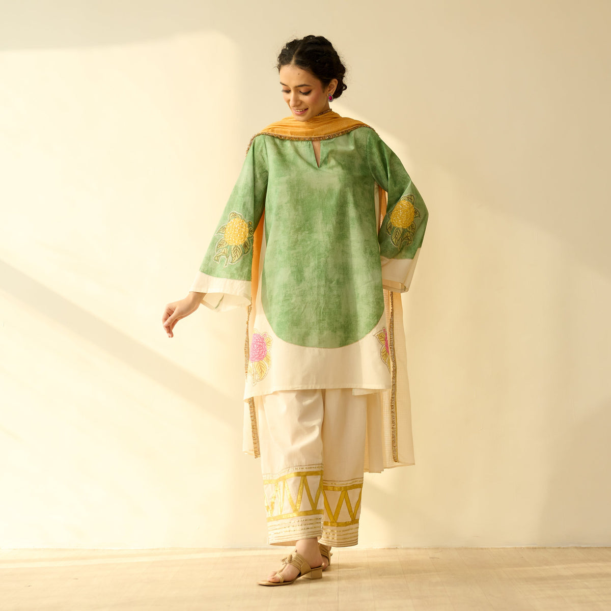 Sanditti Gulabo Semi Festive Mulmul Cotton Salwar Set with Dupatta - Sage Green