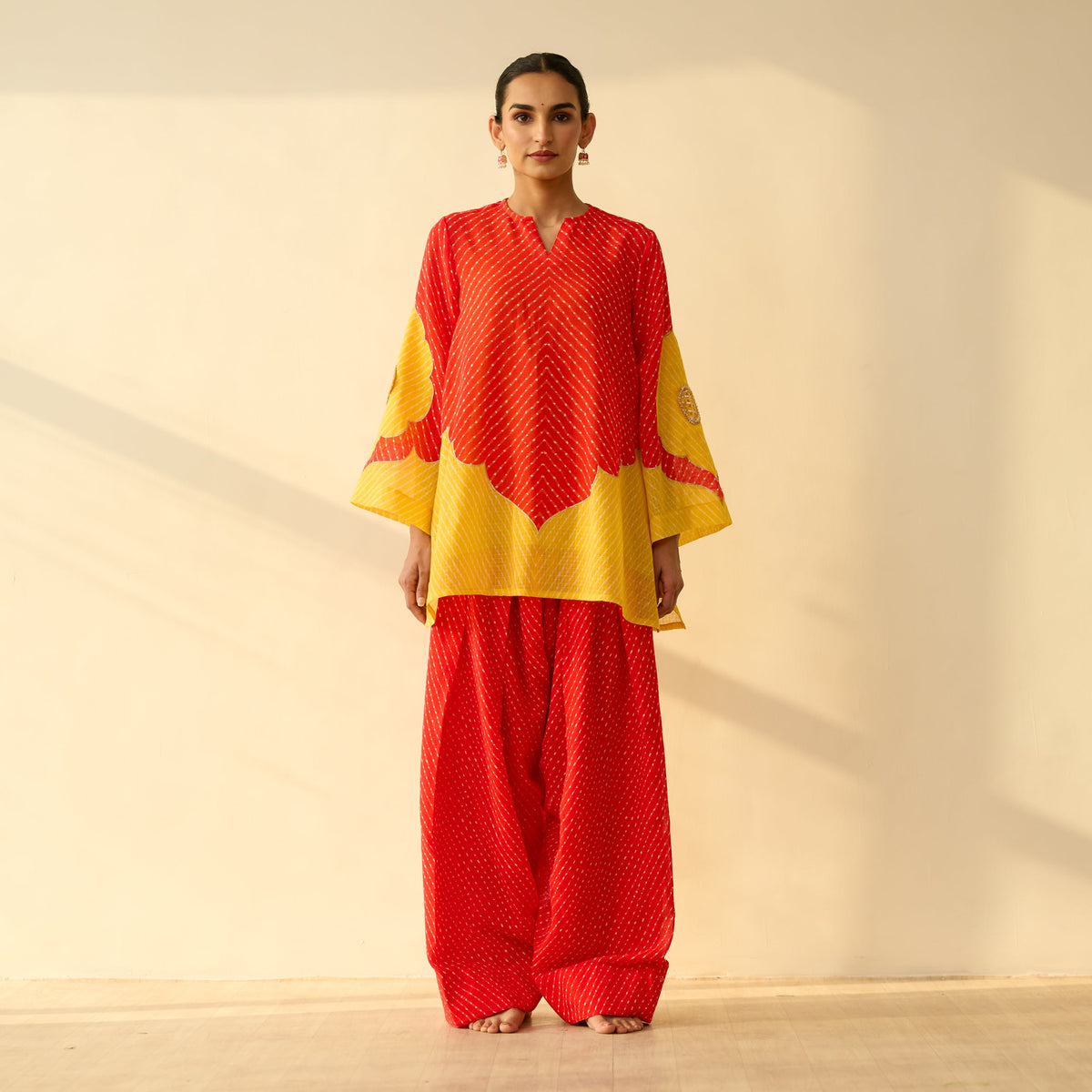 Sanditti Sundari Kota Doria Cotton Farshi Set with Dupatta - Sindoori Laal & Haldi Yellow