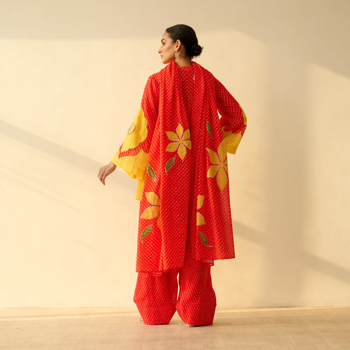 Sanditti Sundari Kota Doria Cotton Farshi Set with Dupatta - Sindoori Laal & Haldi Yellow