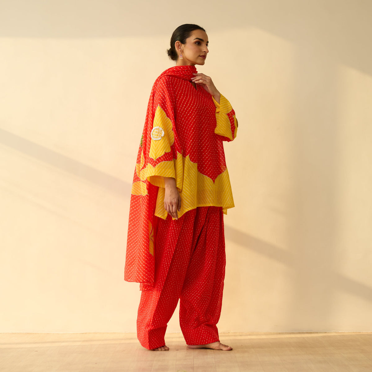 Sanditti Sundari Kota Doria Cotton Farshi Set with Dupatta - Sindoori Laal & Haldi Yellow