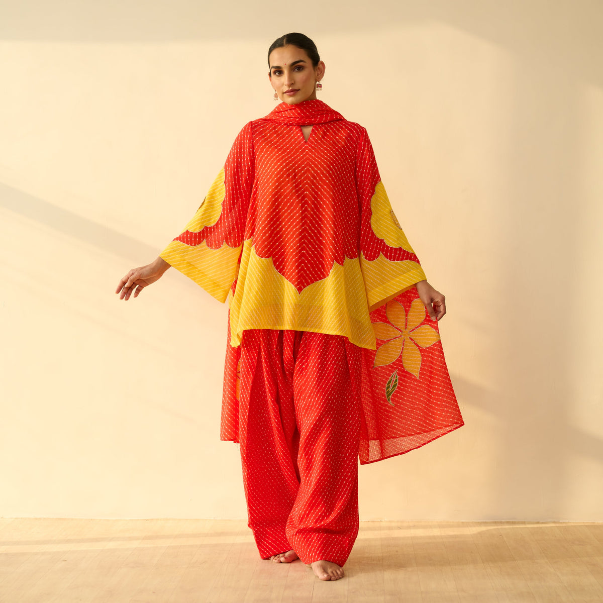 Sanditti Sundari Kota Doria Cotton Farshi Set with Dupatta - Sindoori Laal & Haldi Yellow