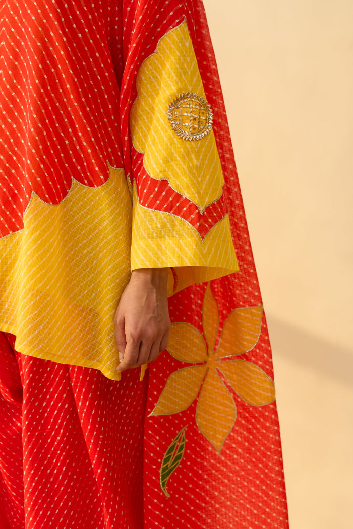 Sanditti Sundari Kota Doria Cotton Farshi Set with Dupatta - Sindoori Laal & Haldi Yellow