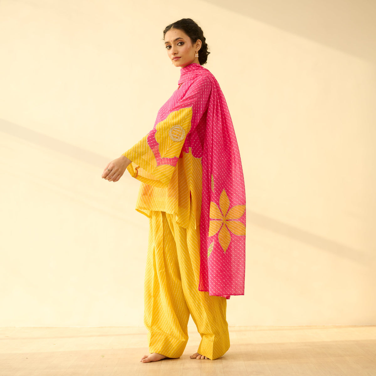 Sanditti Sundari Kota Doria Cotton Farshi Set with Dupatta - Gulal Pink & Haldi Yellow
