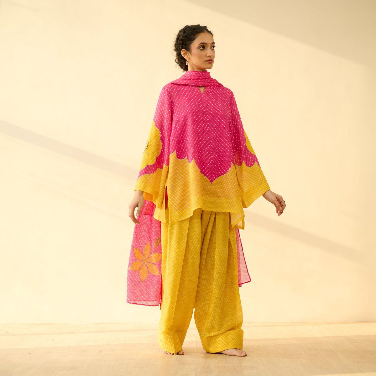 Sanditti Sundari Kota Doria Cotton Farshi Set with Dupatta - Gulal Pink & Haldi Yellow