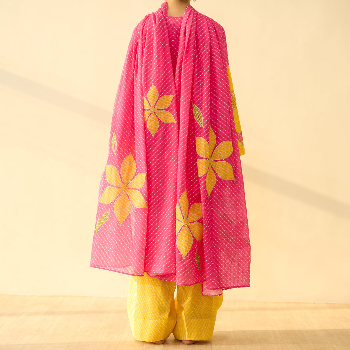 Sanditti Sundari Kota Doria Cotton Farshi Set with Dupatta - Gulal Pink & Haldi Yellow