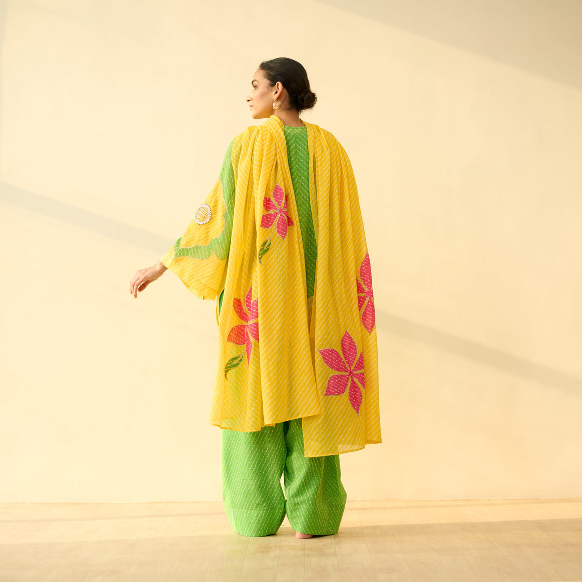 Sanditti Sundari Kota Doria Cotton Farshi Set with Dupatta - Parrot Green & Turmeric Yellow