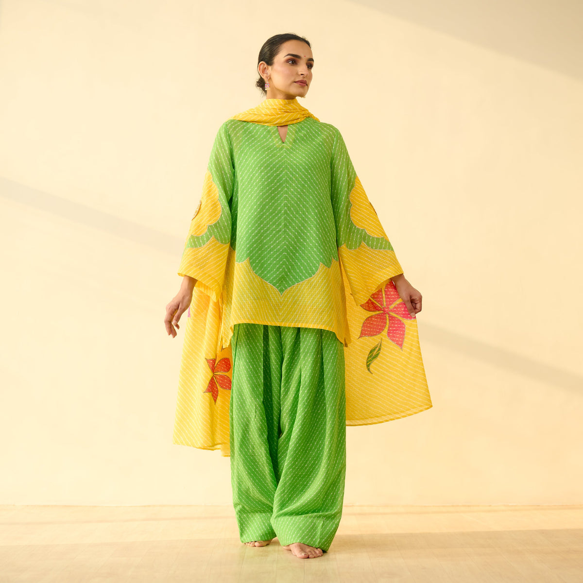 Sanditti Sundari Kota Doria Cotton Farshi Set with Dupatta - Parrot Green & Turmeric Yellow
