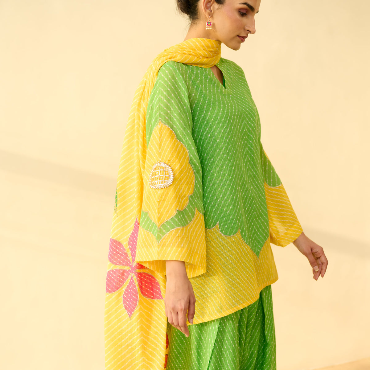 Sanditti Sundari Kota Doria Cotton Farshi Set with Dupatta - Parrot Green & Turmeric Yellow