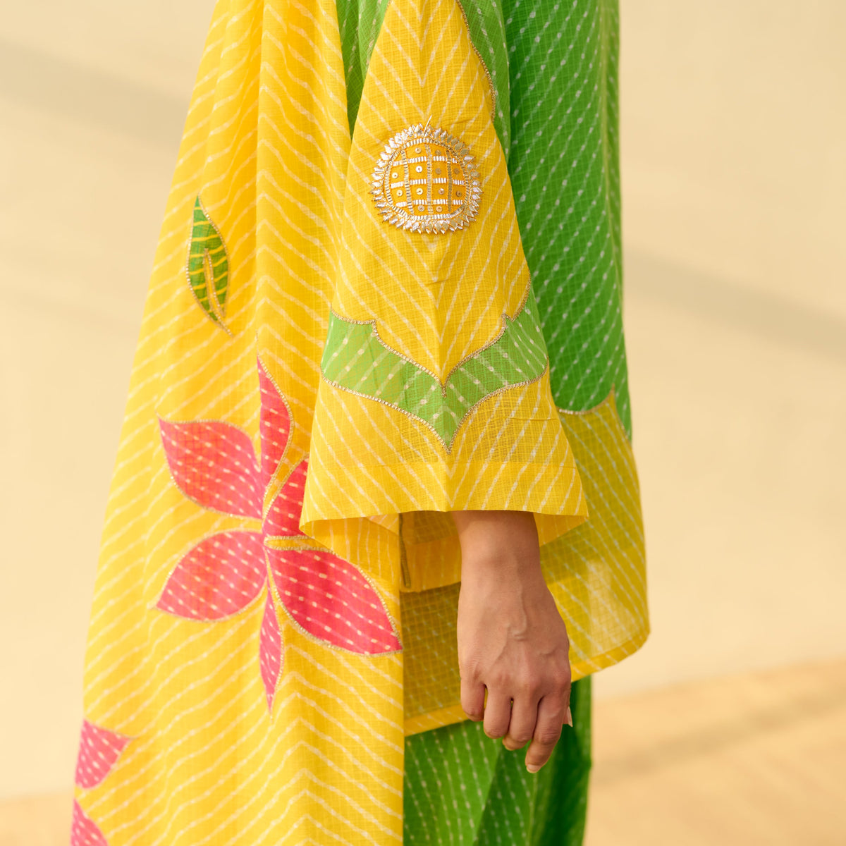 Sanditti Sundari Kota Doria Cotton Farshi Set with Dupatta - Parrot Green & Turmeric Yellow