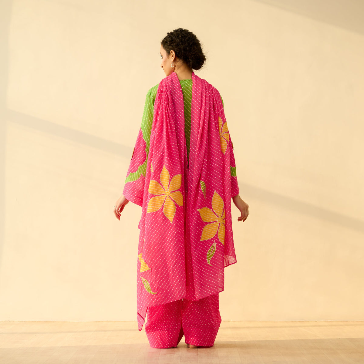 Sanditti Sundari Kota Doria Cotton Farshi Set with Dupatta - Hot pink & Parrot Green