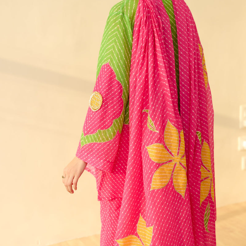 Sanditti Sundari Kota Doria Cotton Farshi Set with Dupatta - Hot pink & Parrot Green