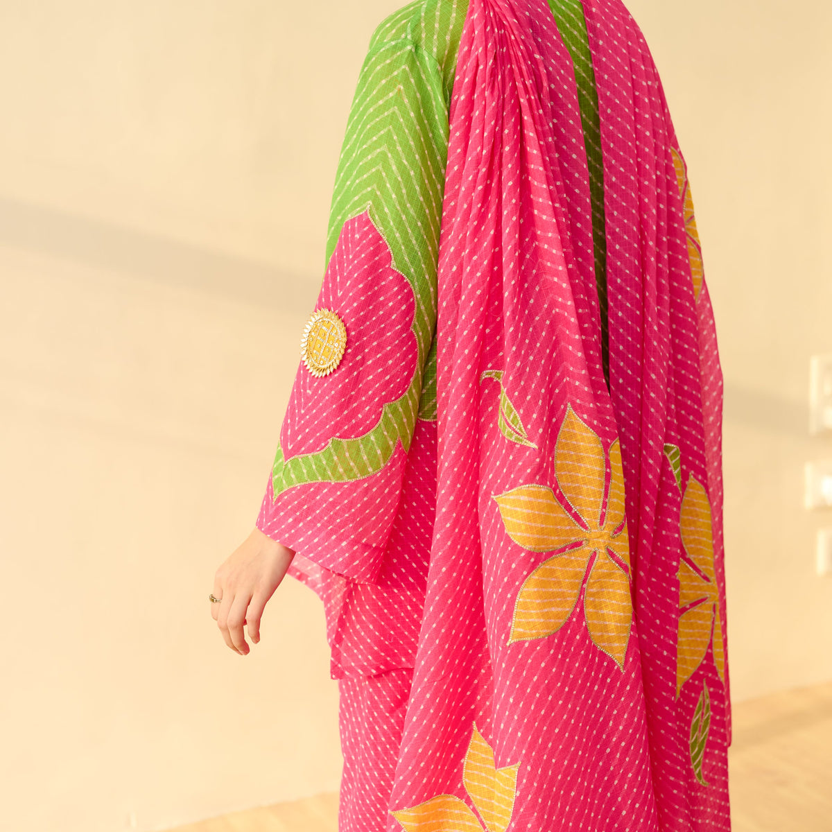 Sanditti Sundari Kota Doria Cotton Farshi Set with Dupatta - Hot pink & Parrot Green